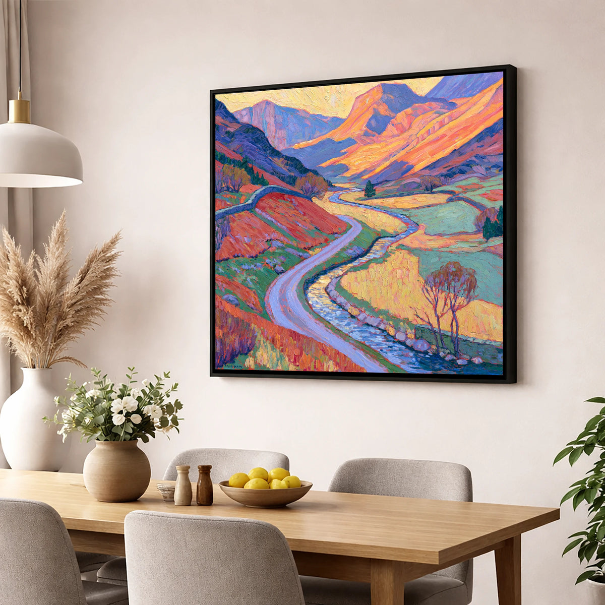 Winding Valley River in Radiant Amber lake district waterfall wall art displayed in a dining room