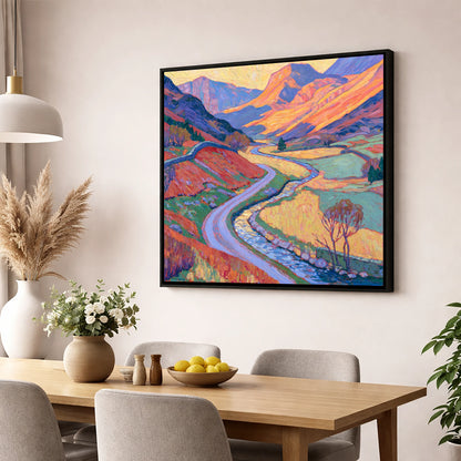 Winding Valley River in Radiant Amber lake district waterfall wall art displayed in a dining room