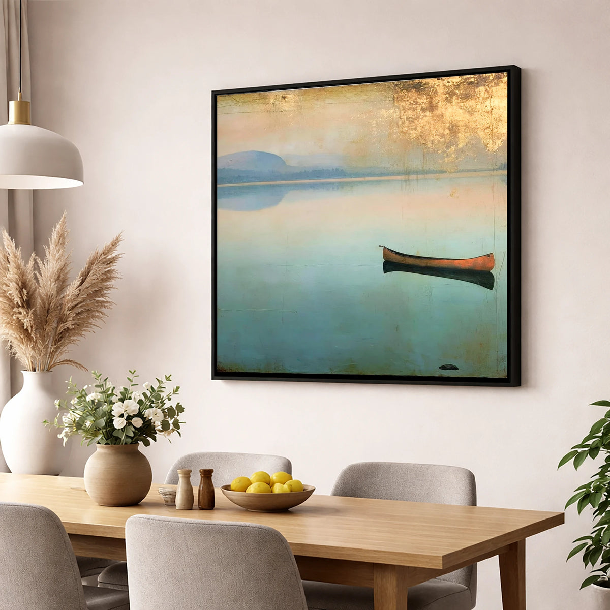 Windermere Canoe in Golden Haze lake district lake wall art displayed in a dining room