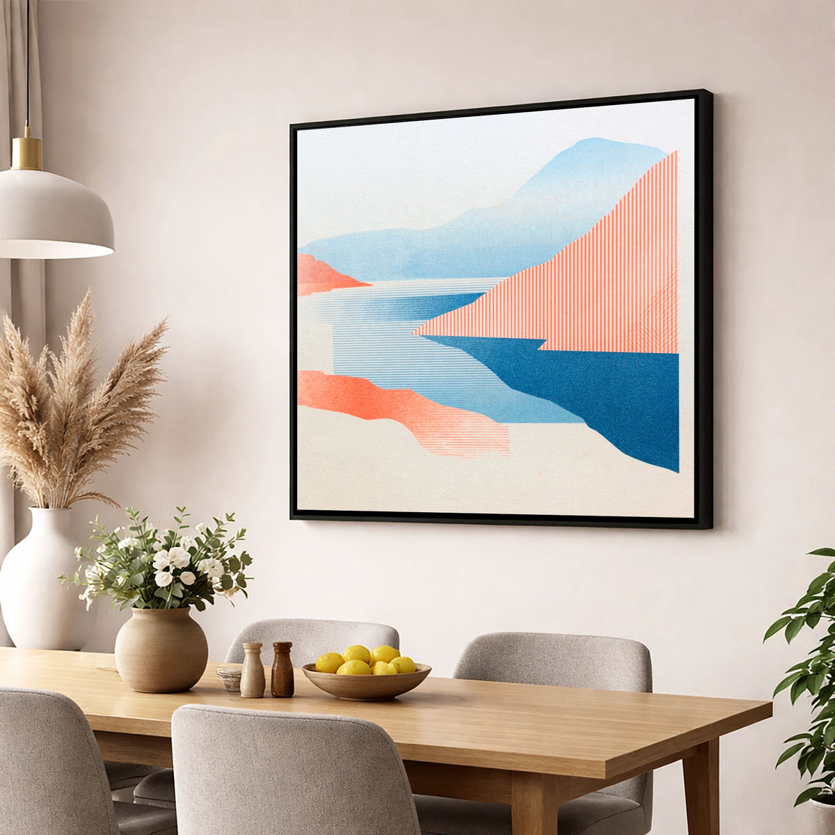 Geometric Ennerdale Water and Fells lake district valley wall art displayed in a dining room