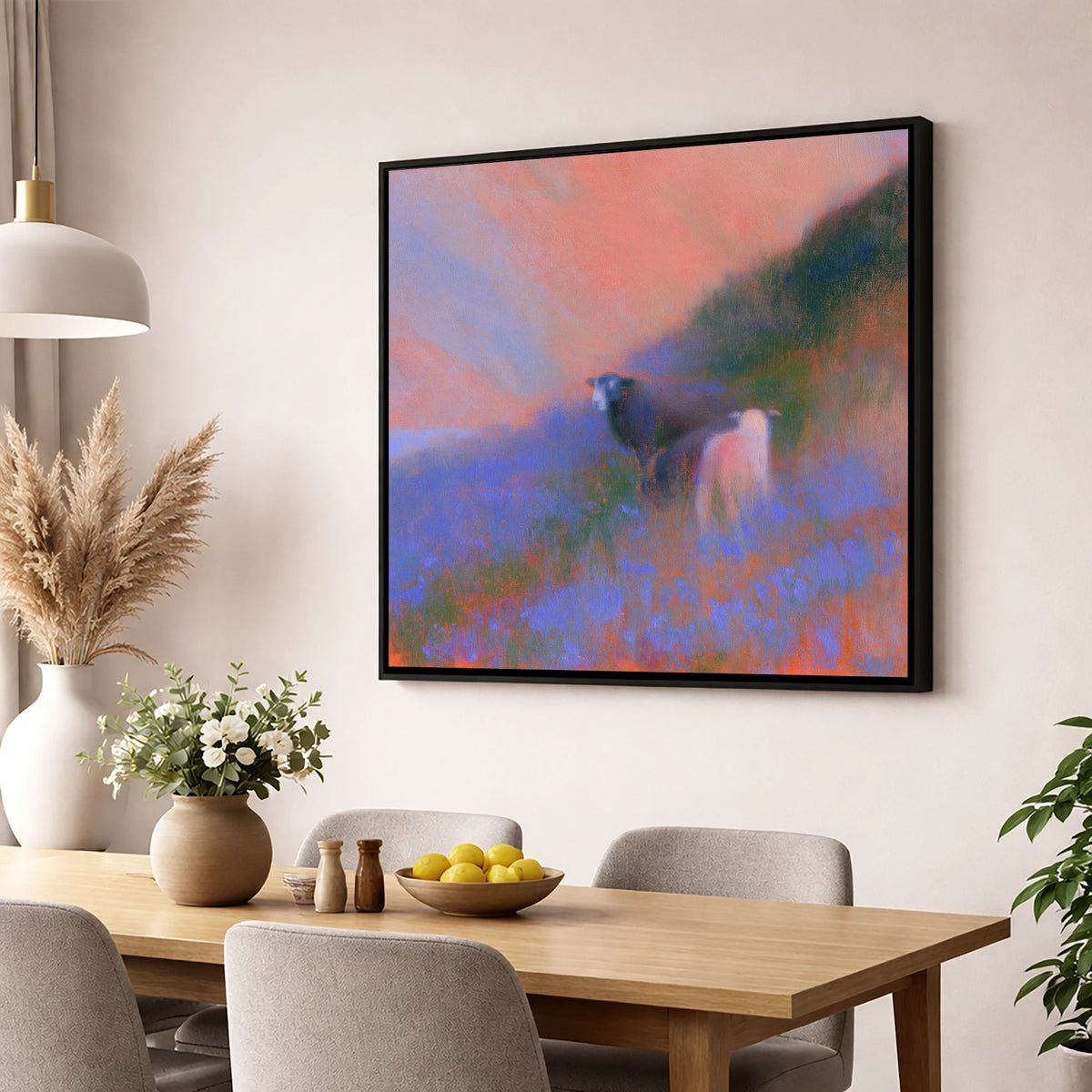 Twilight Herdwicks on the Fell lake district wildlife wall art displayed in a dining room