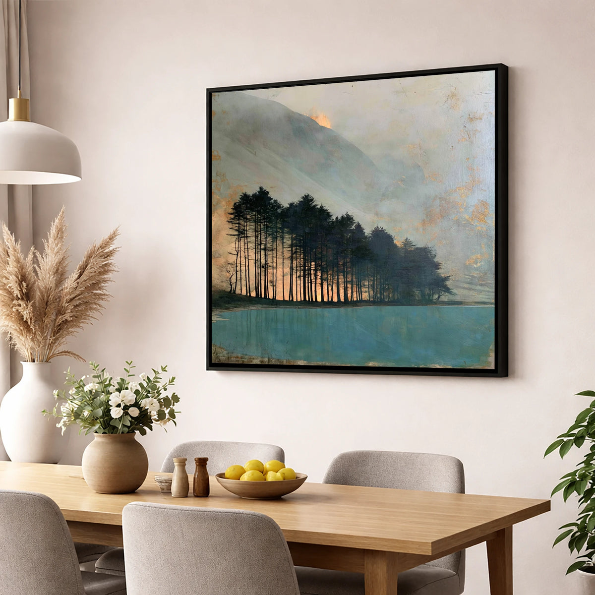 Silhouetted Pines at Buttermere lake district lake wall art displayed in a dining room