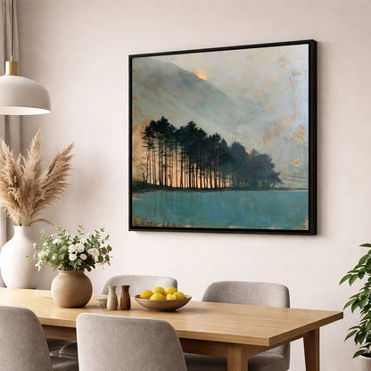 Silhouetted Pines at Buttermere lake district lake wall art displayed in a dining room