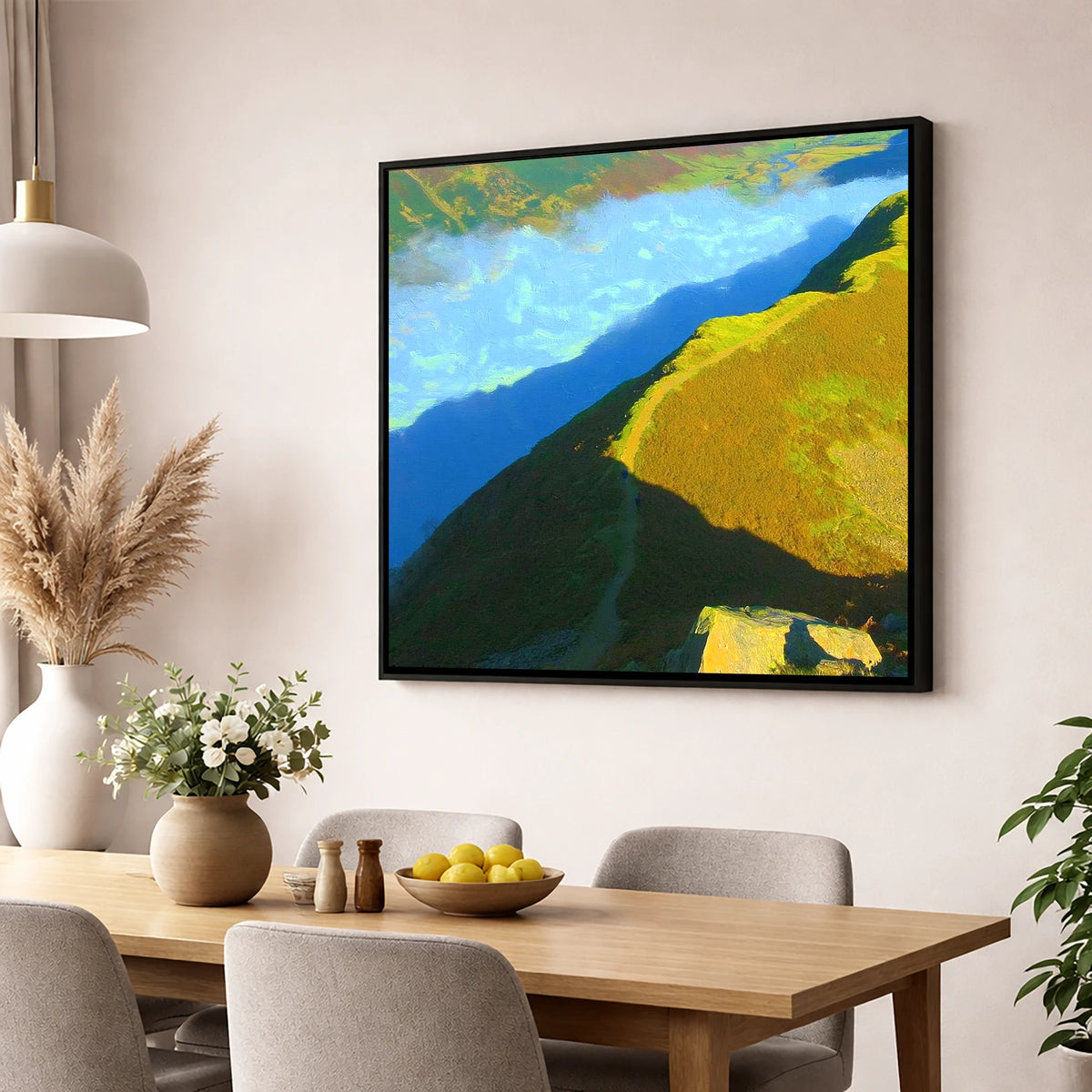 Sunlit Winding Path on Gibson Knott lake district fell wall art displayed in a dining room