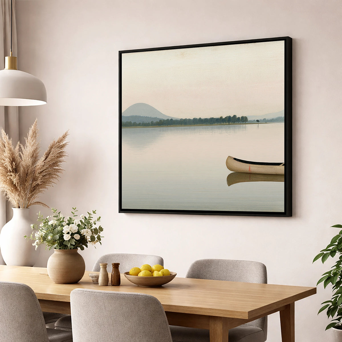 Wooden Canoe on Pale Windermere lake district lake wall art displayed in a dining room