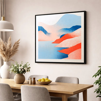 Graphic Buttermere in Coral and Blue lake district lake wall art displayed in a dining room