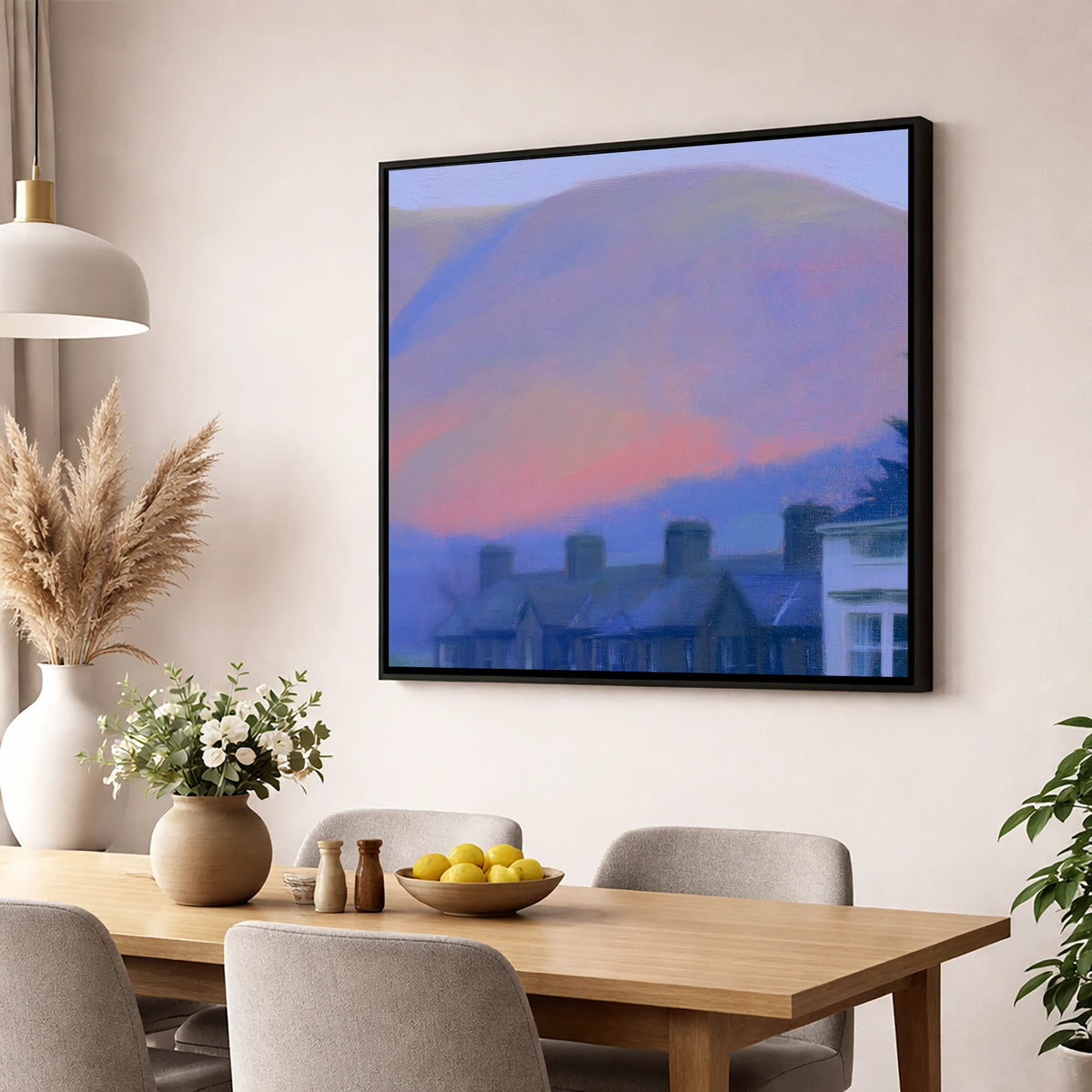 Keswick Terraces and Skiddaw Twilight lake district village wall art displayed in a dining room