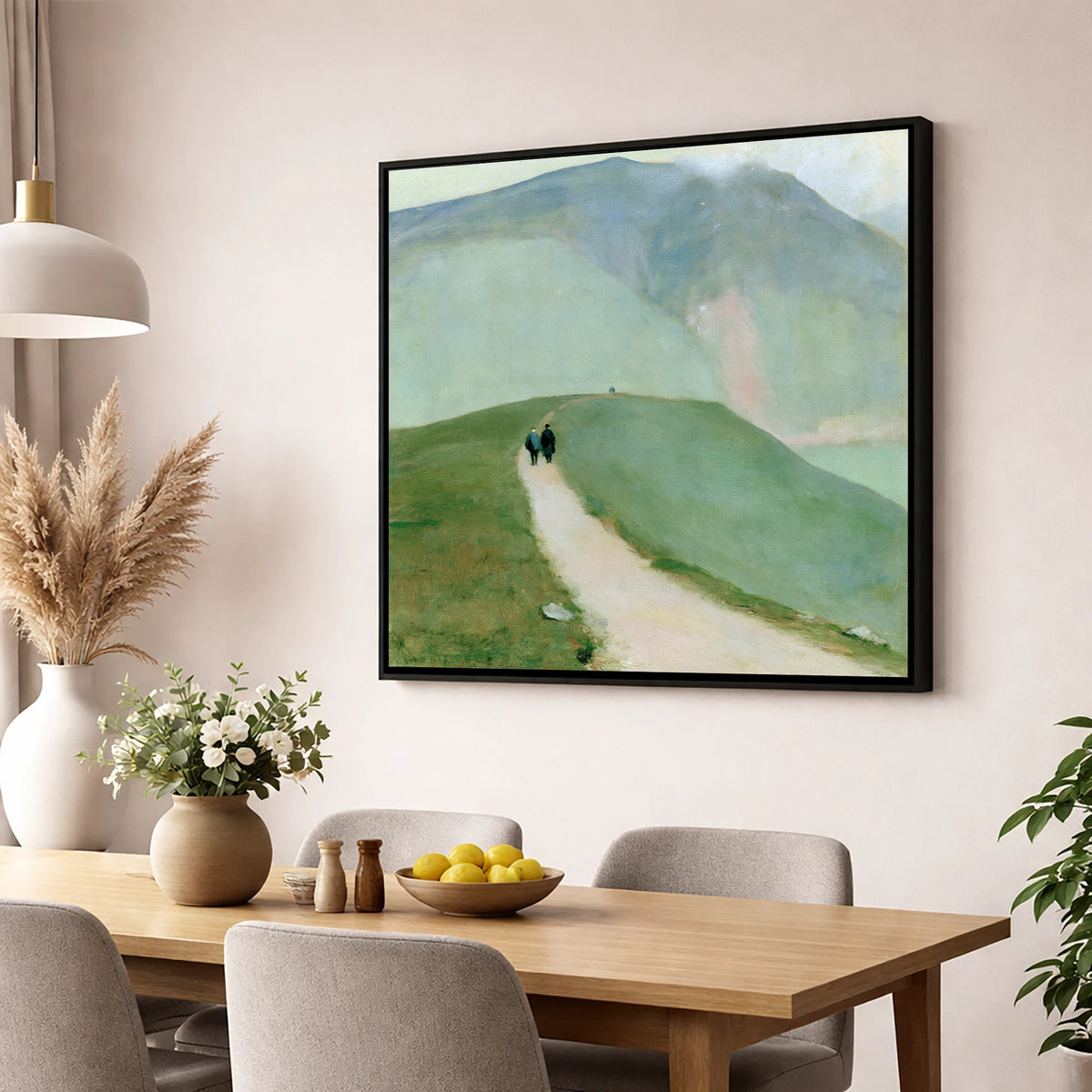 Walkers on a Hazy Fell Path lake district walking wall art displayed in a dining room