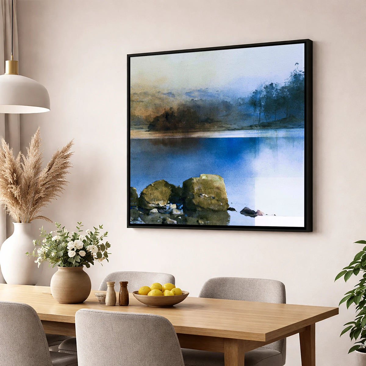 Mossy Boulders of Rydal Water lake district lake wall art displayed in a dining room