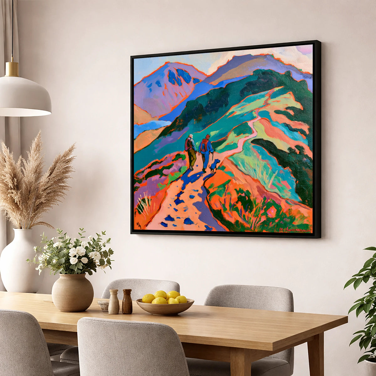 Colourful Haystacks Walk With Dog gifts for dog walkers wall art displayed in a dining room