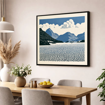 Graphic Navy Ullswater Landscape lake district lake wall art displayed in a dining room
