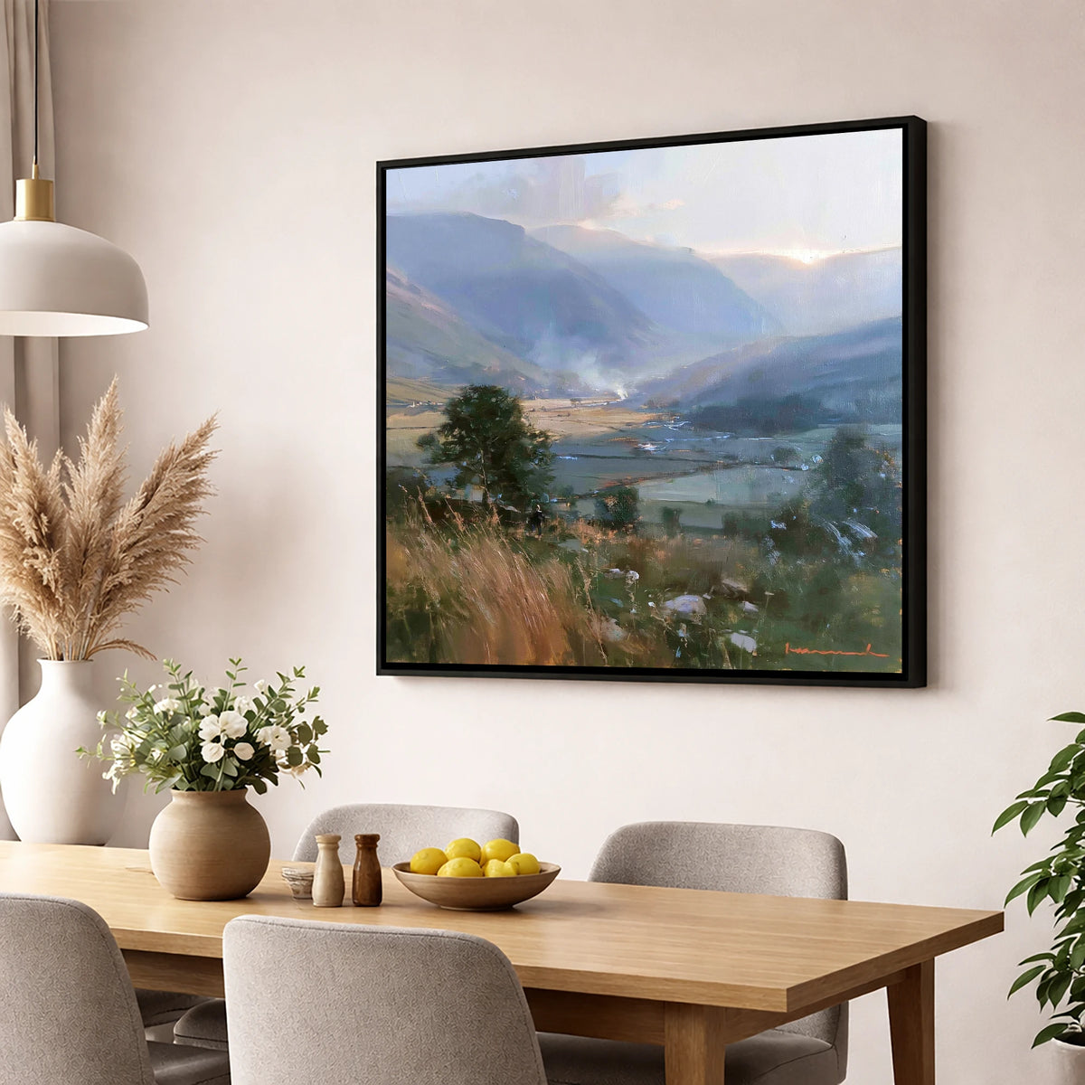 Hazy Sunlight Over Dale Fields lake district valley wall art displayed in a dining room