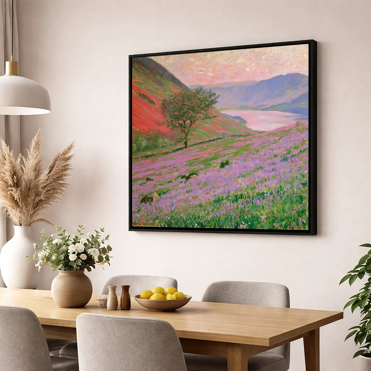 Lavender Fells Above Crummock Water lake district lake wall art displayed in a dining room