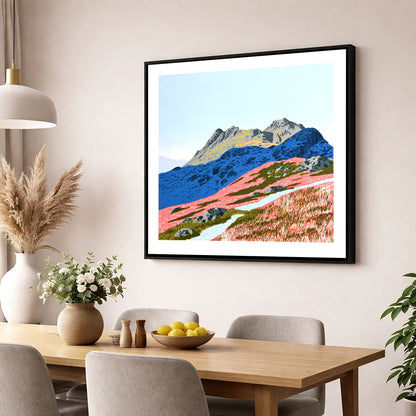 Langdale Pikes in Vivid Coral lake district fell wall art displayed in a dining room