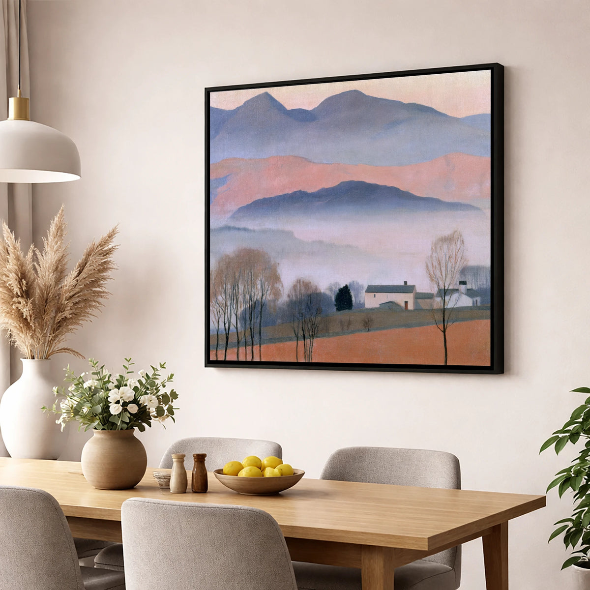 Pastel Fells and Morning Mist lake district sky wall art displayed in a dining room