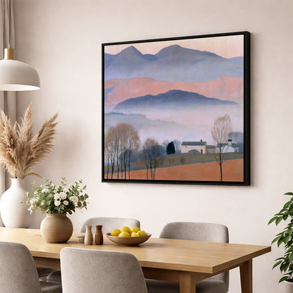Pastel Fells and Morning Mist lake district sky wall art displayed in a dining room
