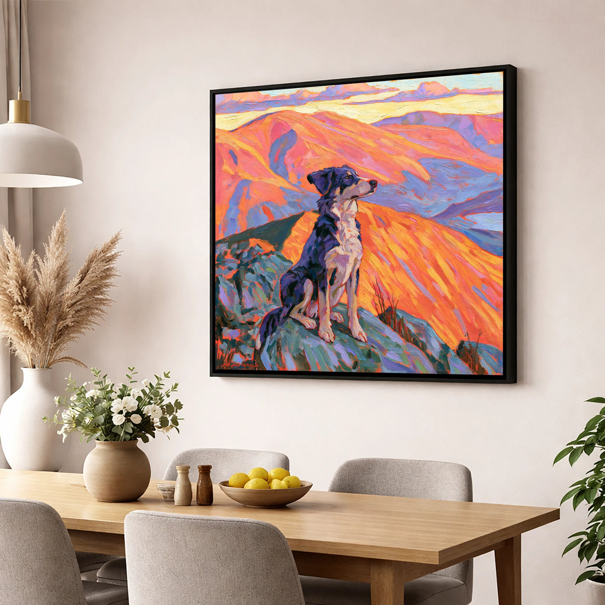 Vibrant Dog on Braithwaite Summit gifts for dog walkers wall art displayed in a dining room