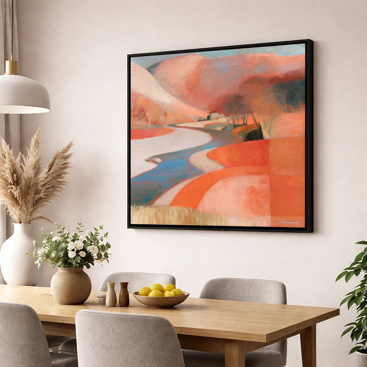 Winding Valley River in Terracotta lake district waterfall wall art displayed in a dining room