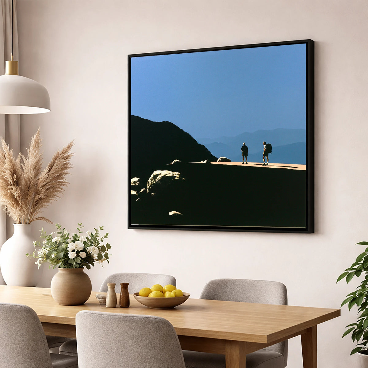 Hikers on a Sunlit Fell Ridge lake district fell wall art displayed in a dining room