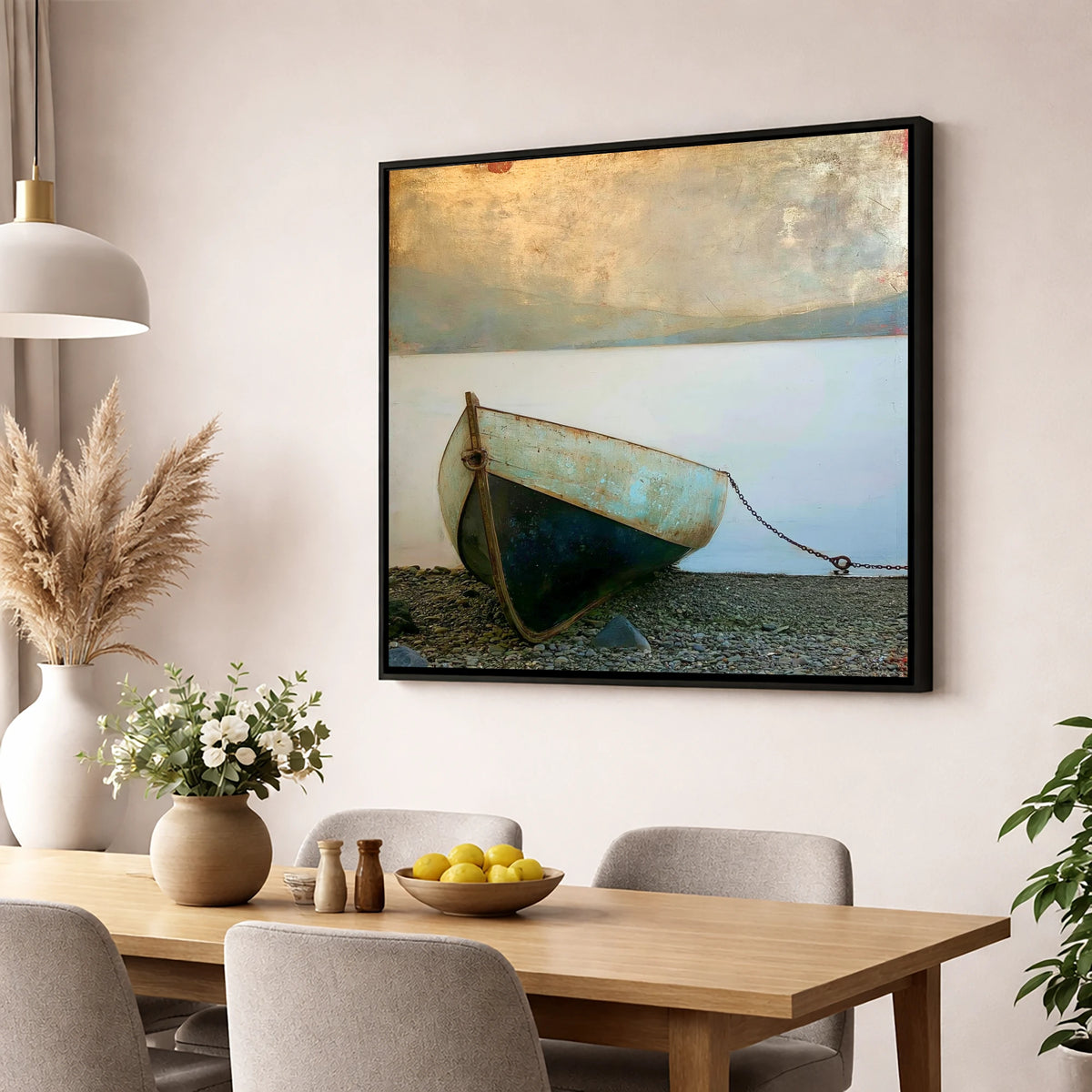 Grounded Teal Boat on Windermere lake district lake wall art displayed in a dining room
