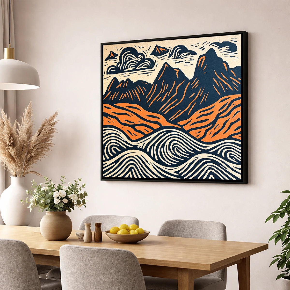 Navy and Orange Langdale Pikes lake district fell wall art displayed in a dining room