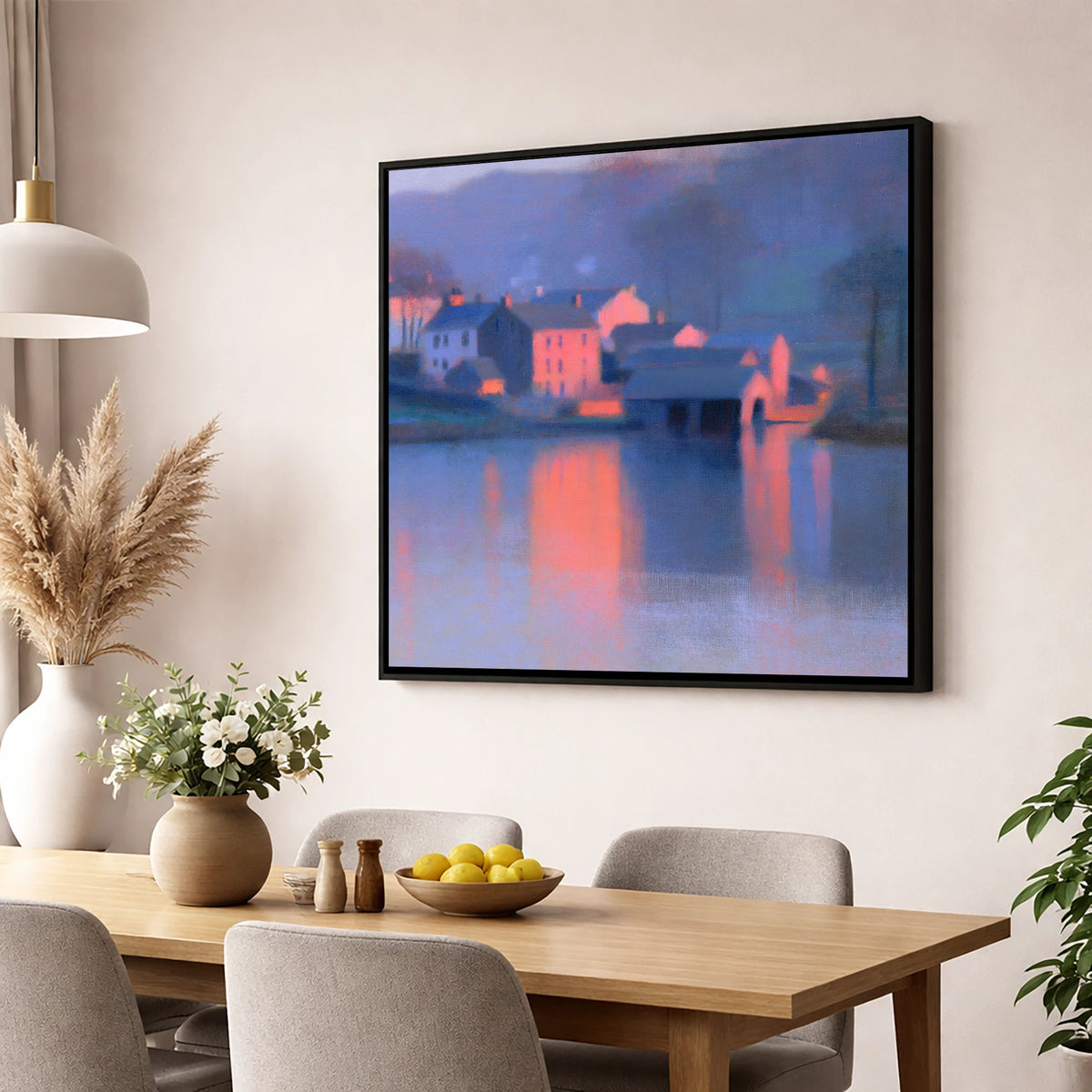 Lakeside Village in Pink Twilight lake district village wall art displayed in a dining room