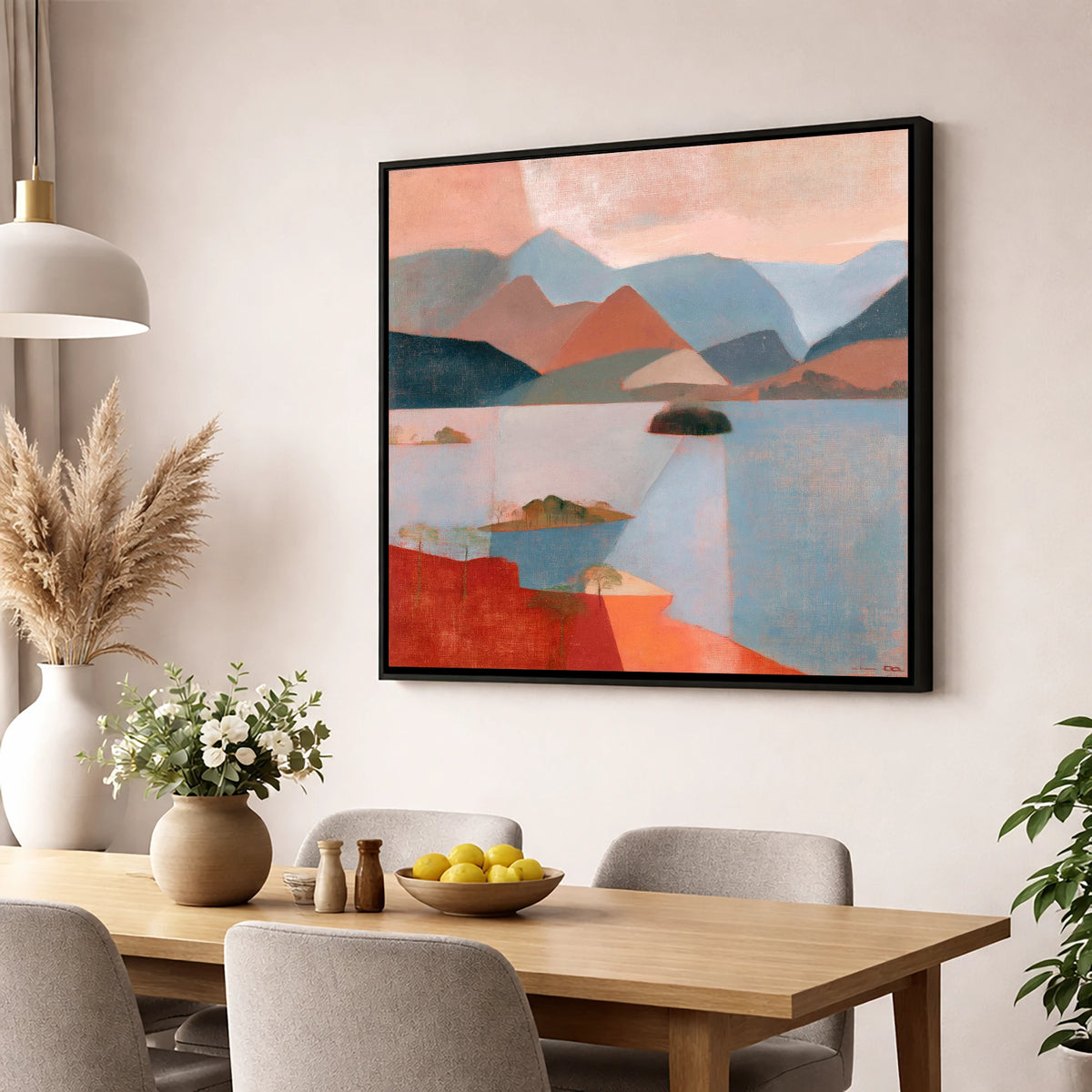 Catbells and Derwentwater in Terracotta lake district lake wall art displayed in a dining room