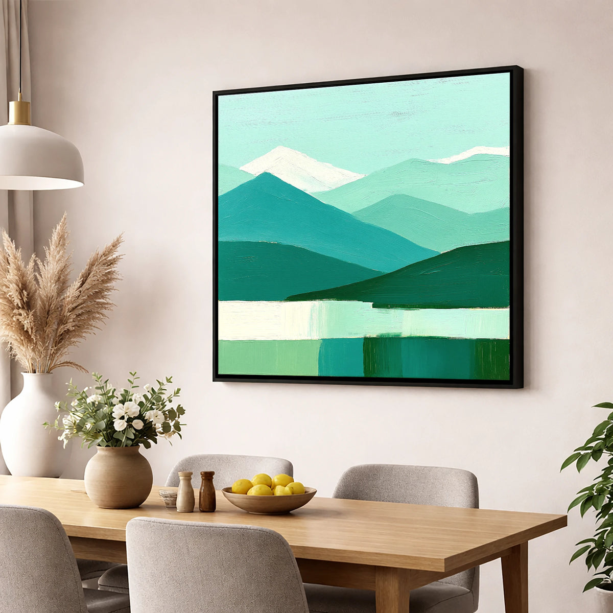 Abstract Teal Scafell Pike lake district fell wall art displayed in a dining room
