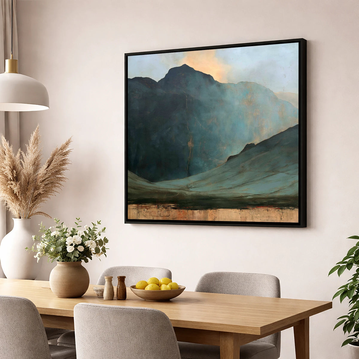 Langdale Pikes Beneath Breaking Light lake district fell wall art displayed in a dining room