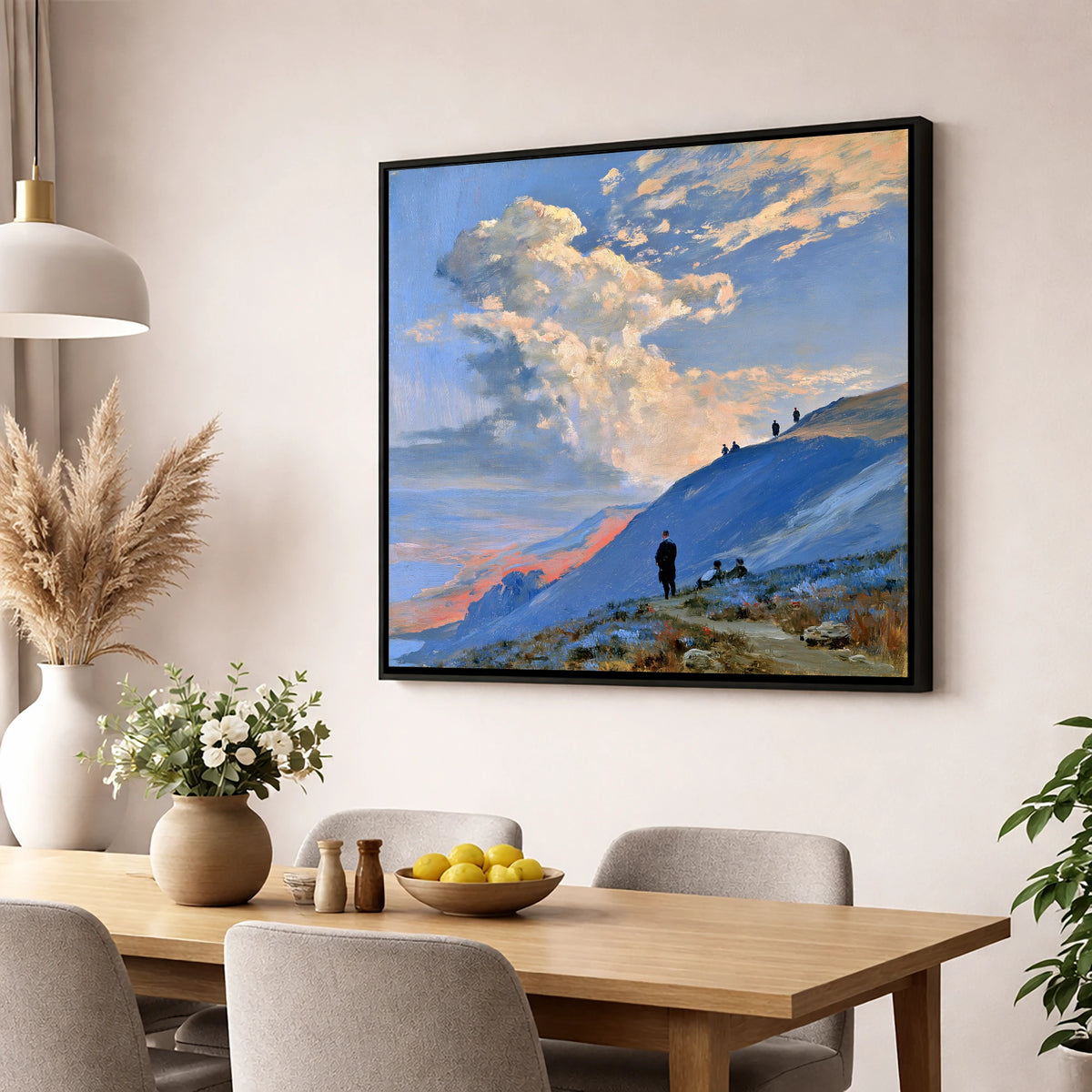Fell Hikers Under Sunlit Clouds lake district fell wall art displayed in a dining room