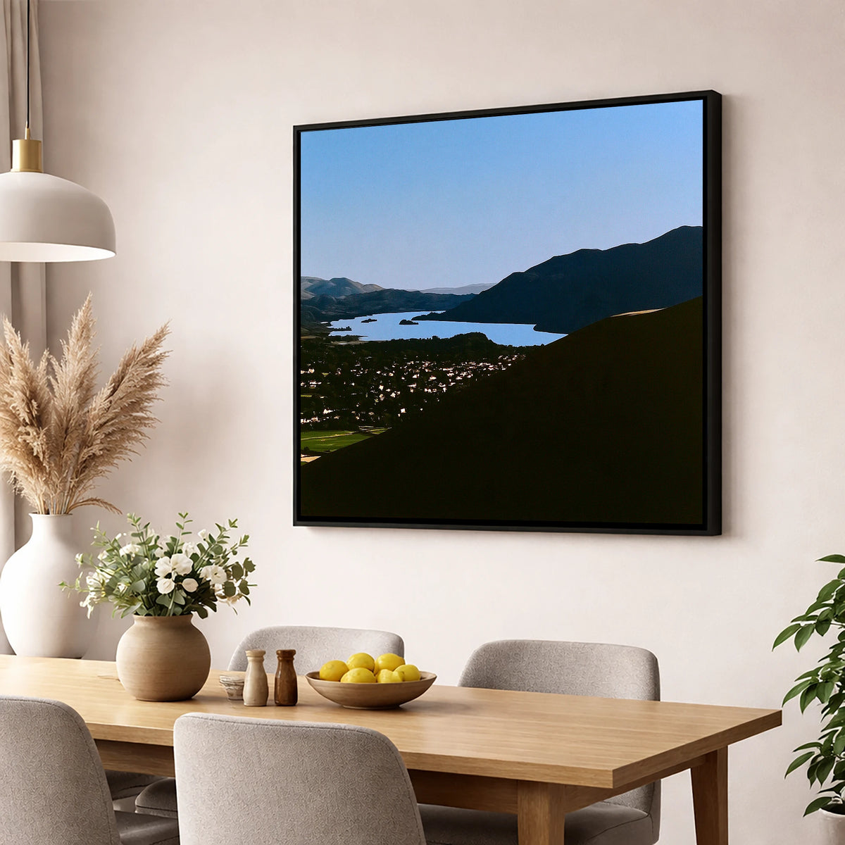 Keswick and Derwentwater in Silhouette lake district village wall art displayed in a dining room