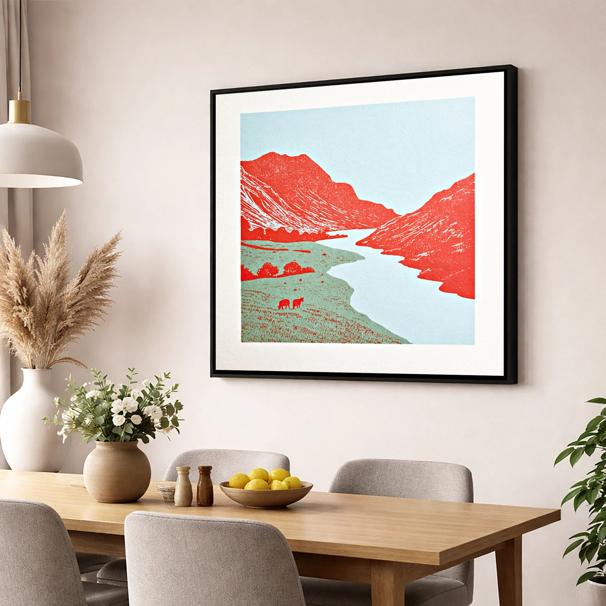 Eskdale Valley in Vivid Red lake district valley wall art displayed in a dining room
