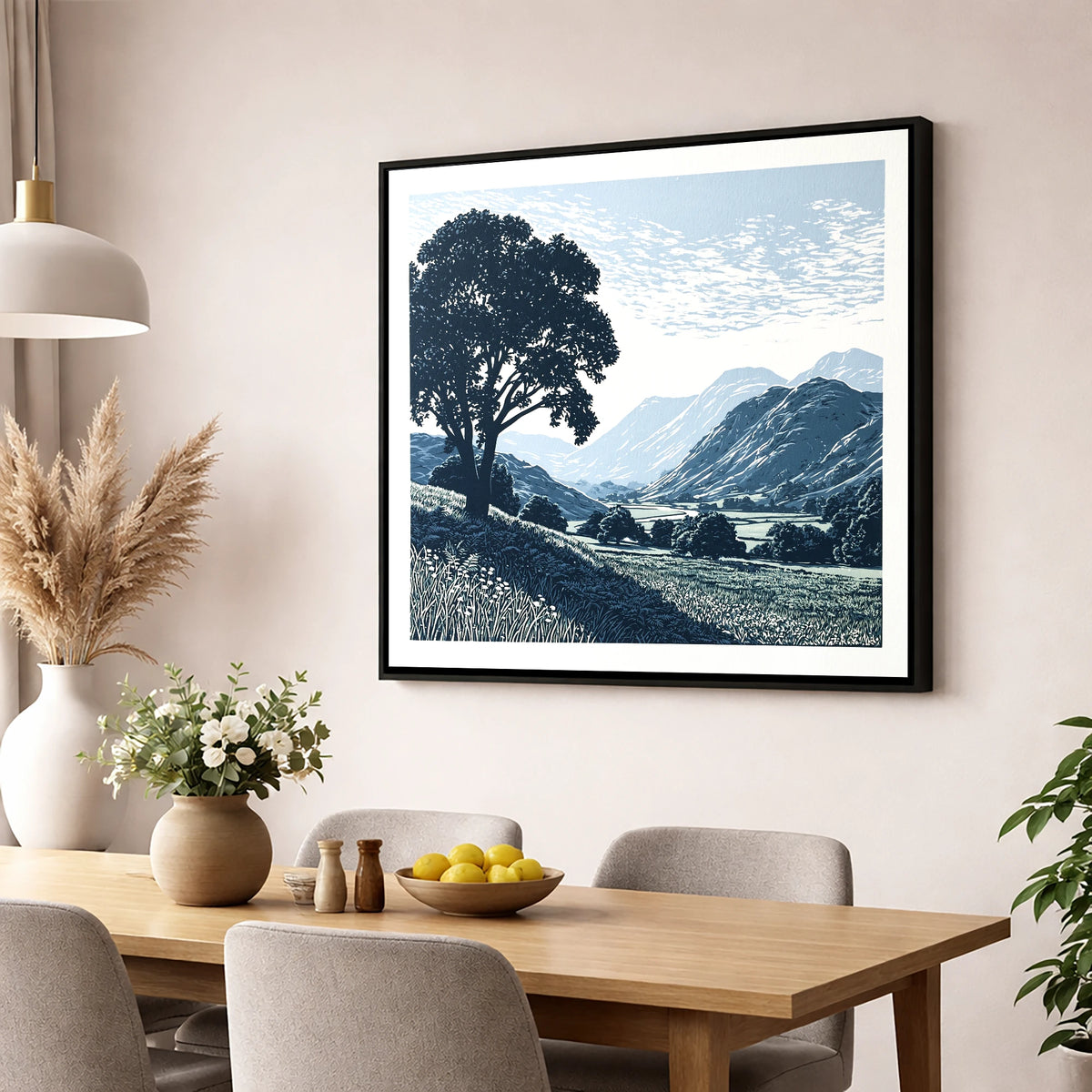 Eskdale Valley in Navy and Slate lake district valley wall art displayed in a dining room