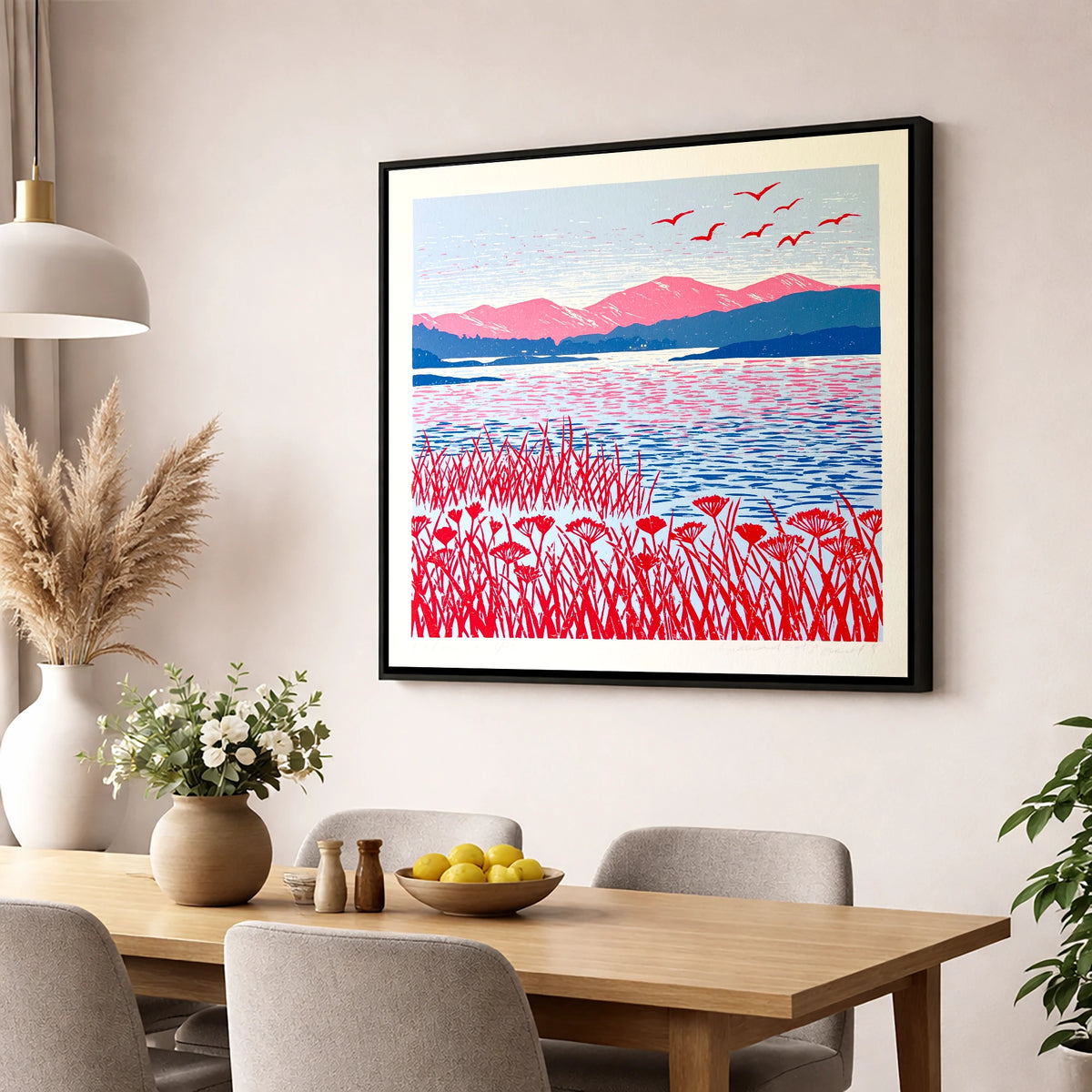 Red Reeds Over Coniston Water lake district lake wall art displayed in a dining room