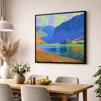 Vibrant Buttermere and White Cottage lake district lake wall art displayed in a dining room
