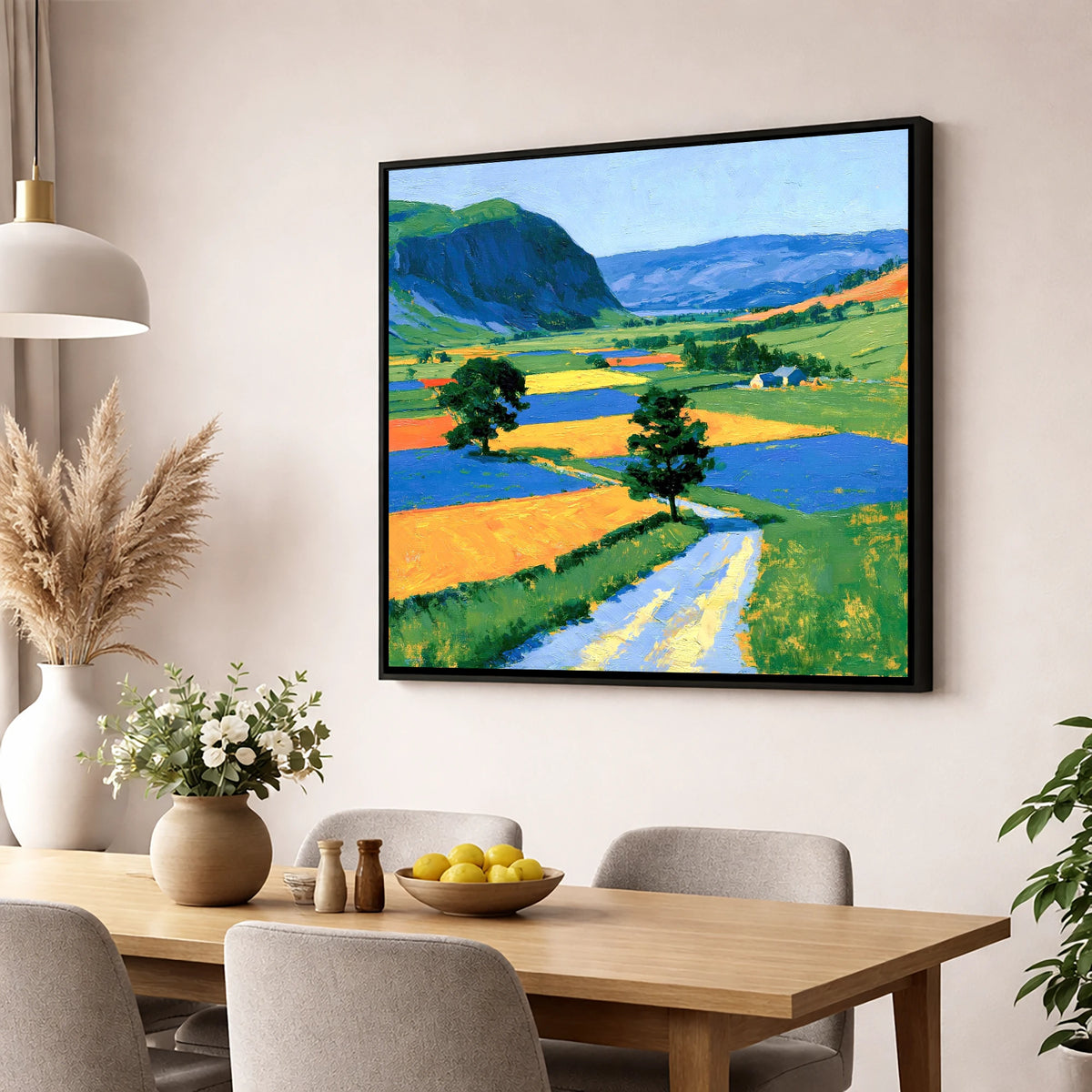 Bright Dale Patchwork Fields lake district valley wall art displayed in a dining room