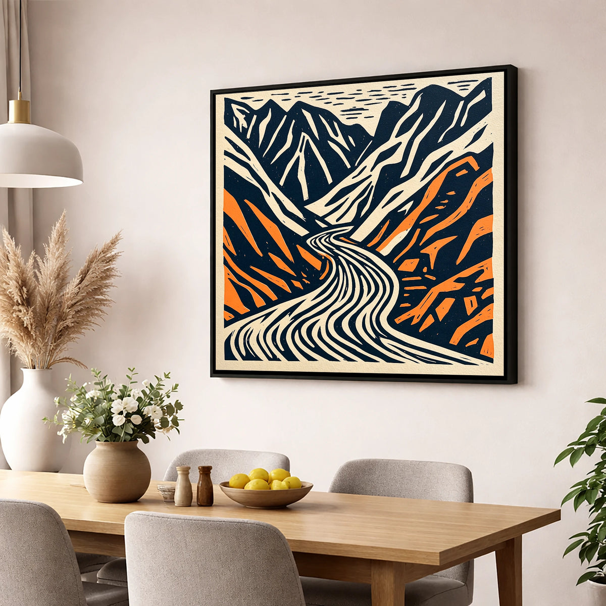 Honister Pass Navy and Terracotta lake district valley wall art displayed in a dining room