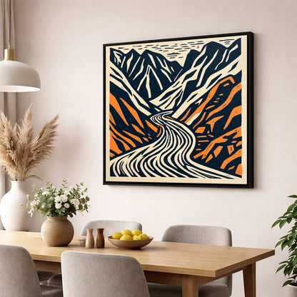 Honister Pass Navy and Terracotta lake district valley wall art displayed in a dining room