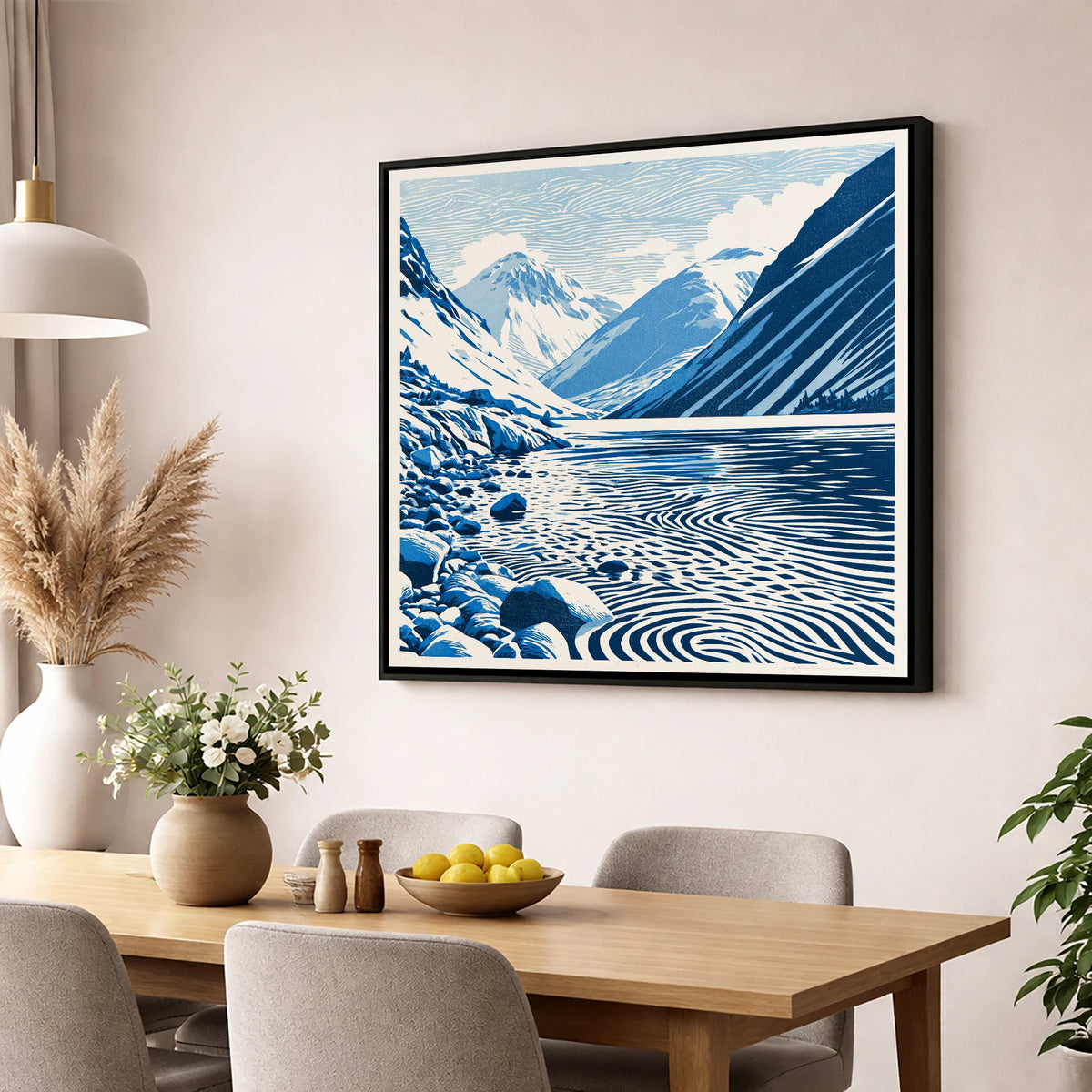 Wastwater Screes in Cobalt Blue lake district lake wall art displayed in a dining room