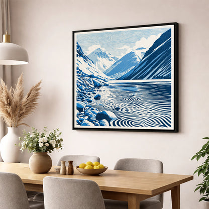 Wastwater Screes in Cobalt Blue lake district lake wall art displayed in a dining room