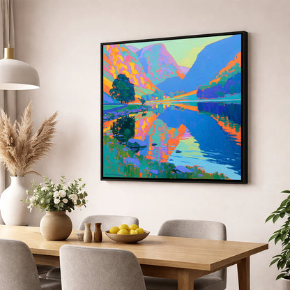 Vibrant Still Lake at Dawn lake district lake wall art displayed in a dining room