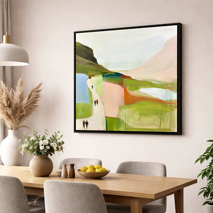 Walkers on a Bright Mountain Path lake district walking wall art displayed in a dining room