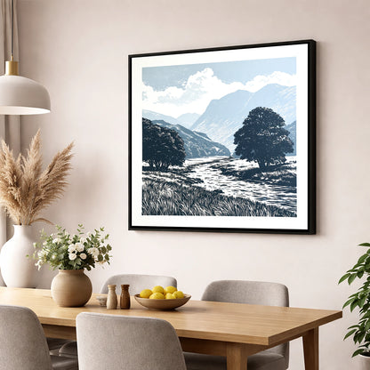 Borrowdale River in Slate Blue lake district valley wall art displayed in a dining room