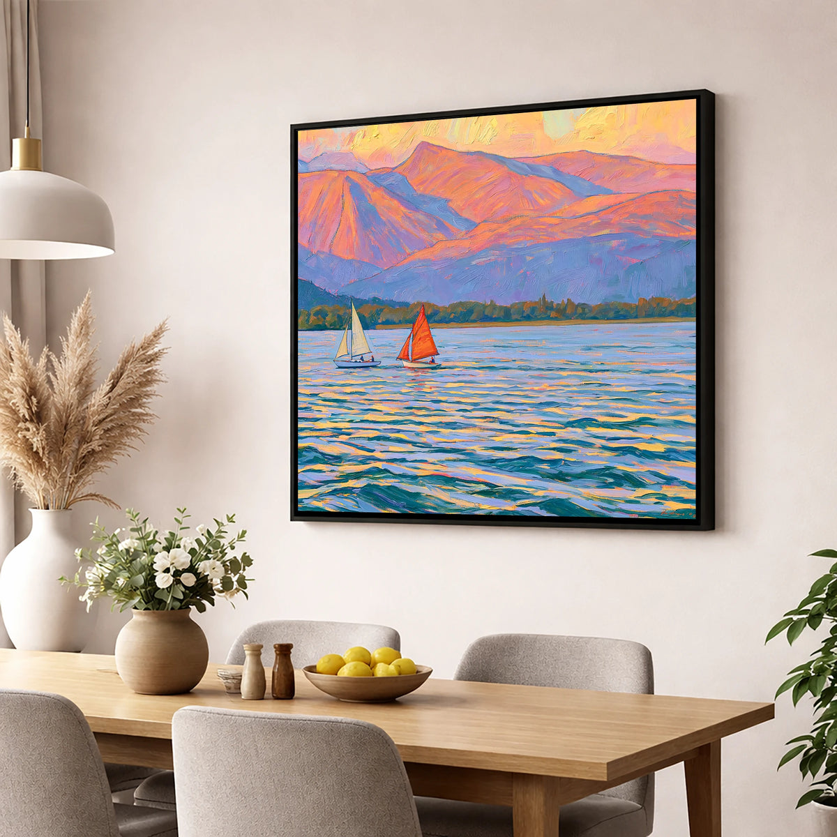 Sailing Windermere Under Purple Fells lake district lake wall art displayed in a dining room