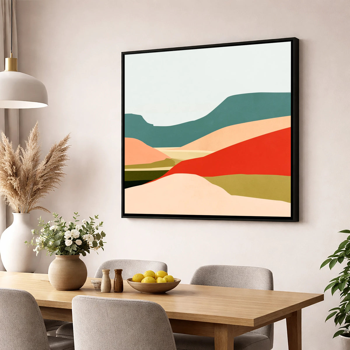 Abstract Dale Patchwork Fields lake district valley wall art displayed in a dining room