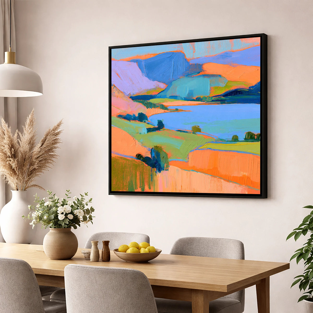 Vibrant Fells And Blue Lake lake district lake wall art displayed in a dining room