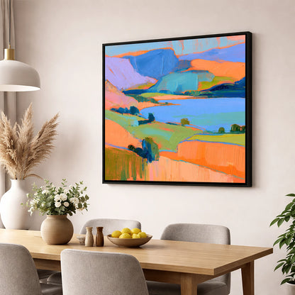 Vibrant Fells And Blue Lake lake district lake wall art displayed in a dining room