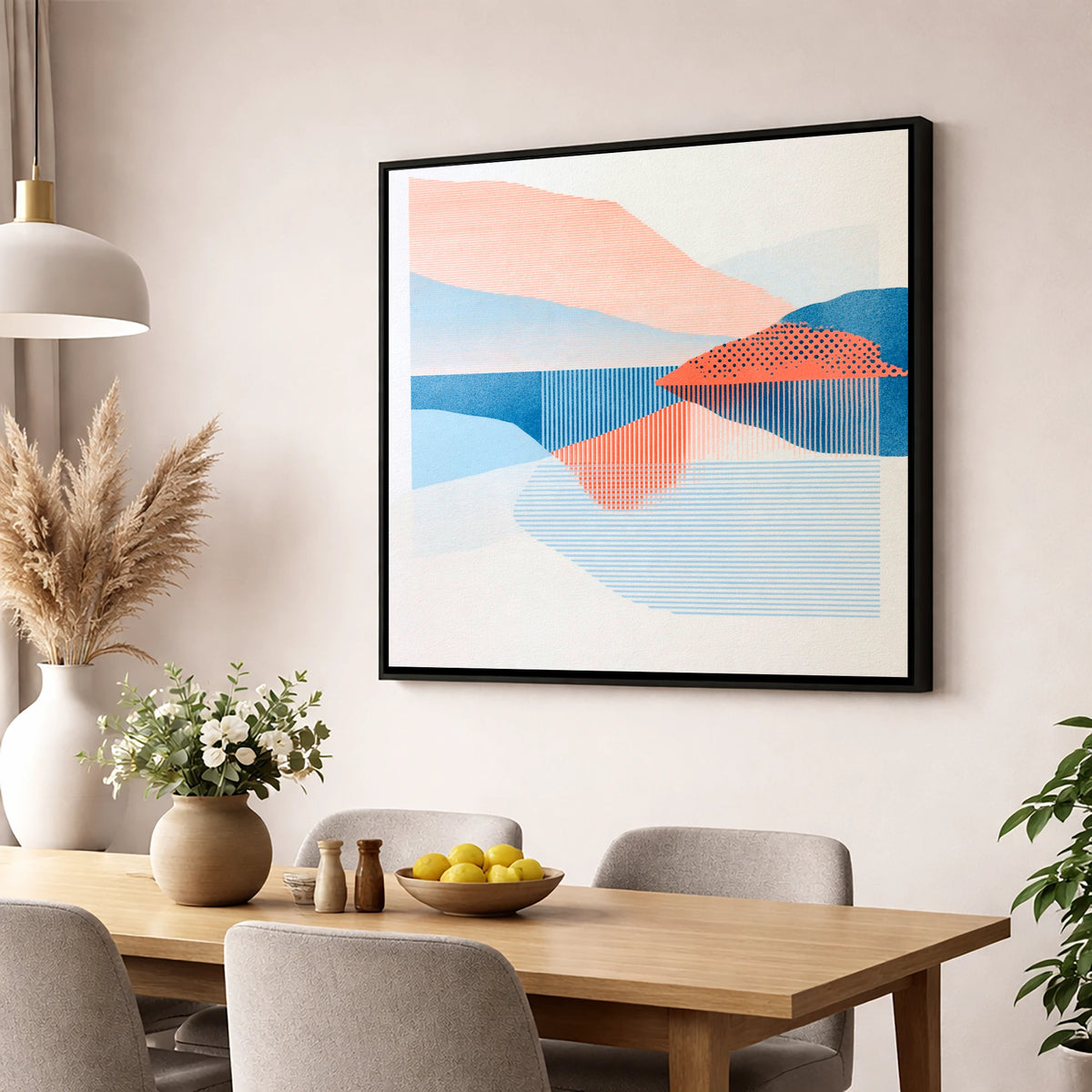 Coral and Blue Lake Reflections lake district lake wall art displayed in a dining room