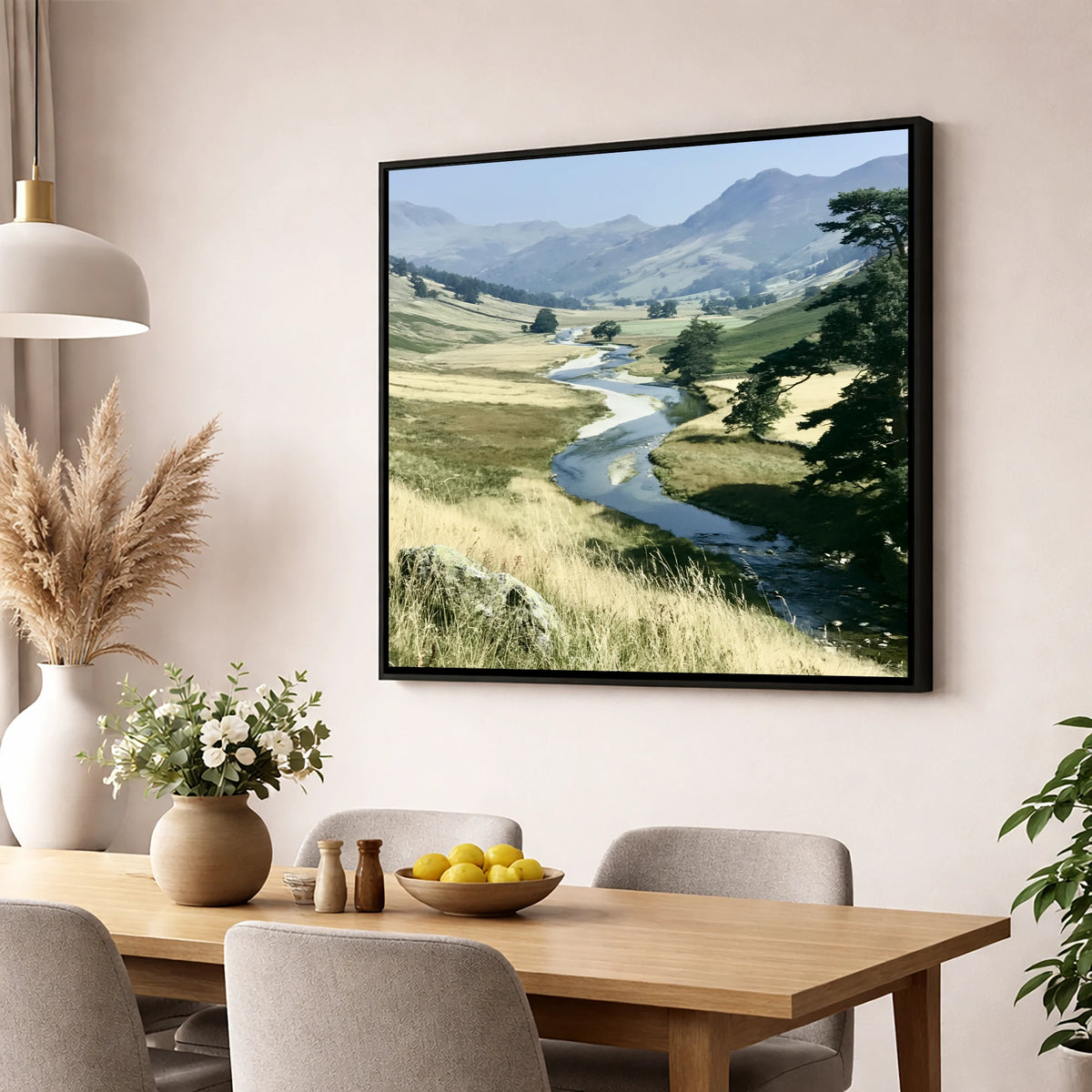 Winding River Beneath Hazy Fells lake district waterfall wall art displayed in a dining room