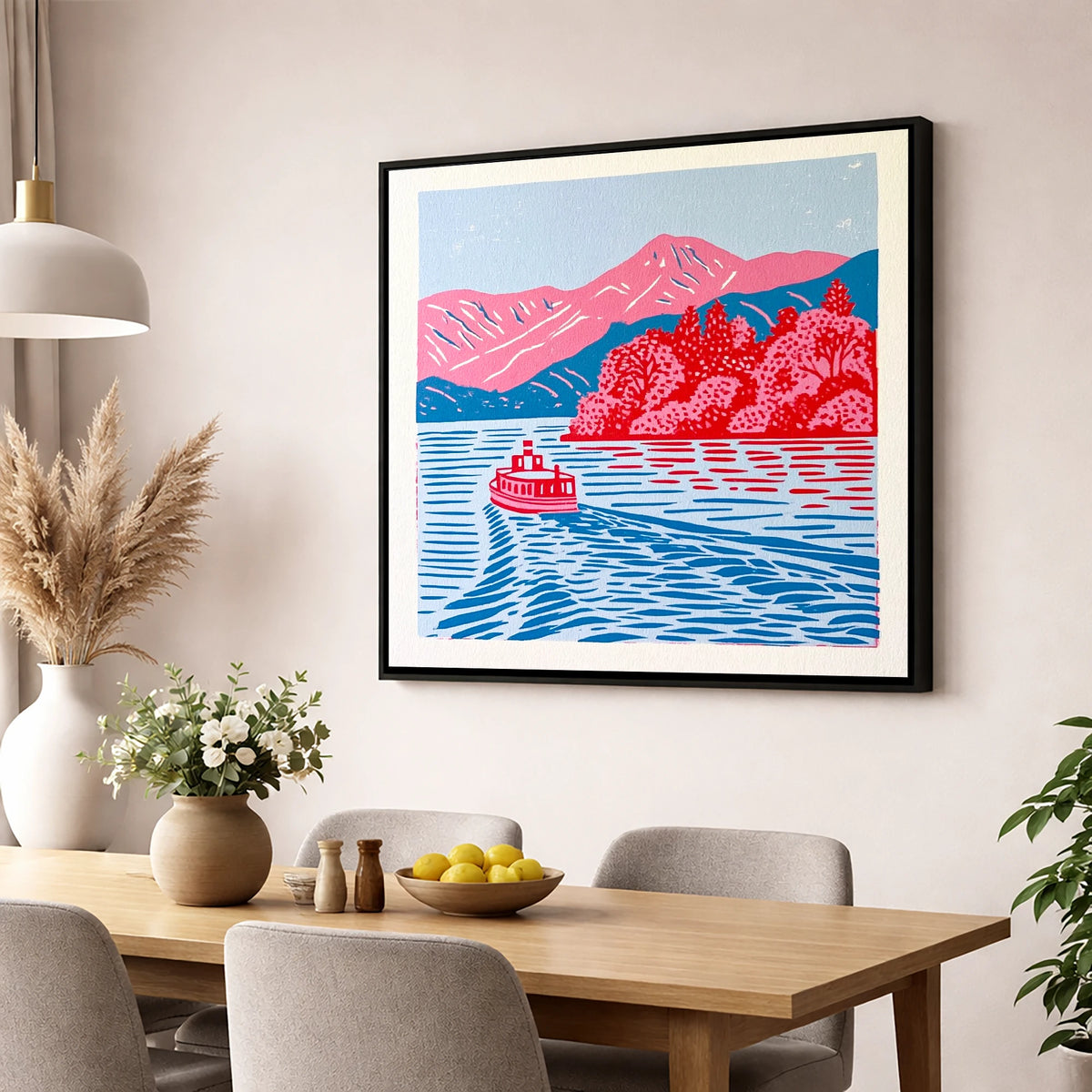 Vibrant Derwentwater Boat and Fells lake district lake wall art displayed in a dining room